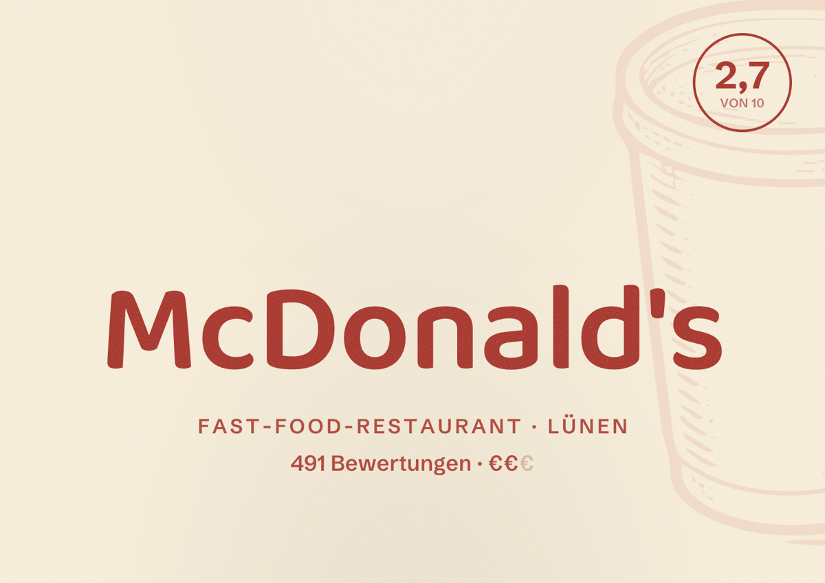 Illustriertes Poster von McDonald's, Fast-Food-Restaurant in Lünen: Bewertung 2,7 von 10 aus 491 Bewertungen, Preisniveau €€