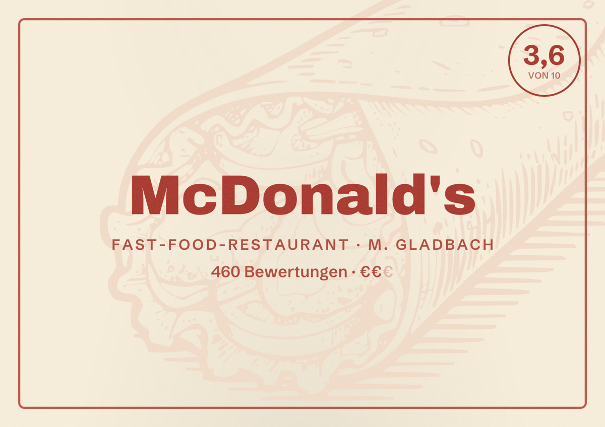 Illustriertes Poster von McDonald's, Fast-Food-Restaurant in M. Gladbach: Bewertung 3,6 von 10 aus 460 Bewertungen, Preisniveau €€