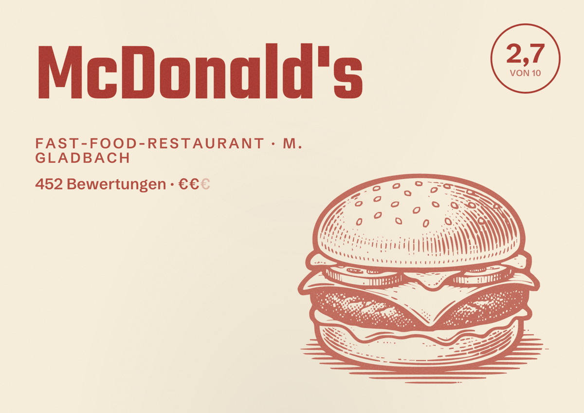 Illustriertes Poster von McDonald's, Fast-Food-Restaurant in M. Gladbach: Bewertung 2,7 von 10 aus 452 Bewertungen, Preisniveau €€