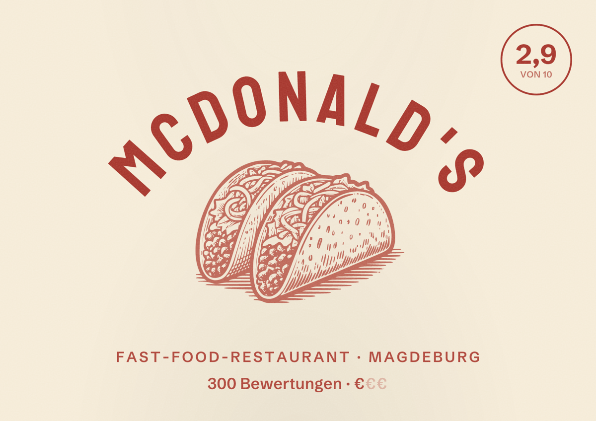 Illustriertes Poster von McDonald's, Fast-Food-Restaurant in Magdeburg: Bewertung 2,9 von 10 aus 300 Bewertungen, Preisniveau €