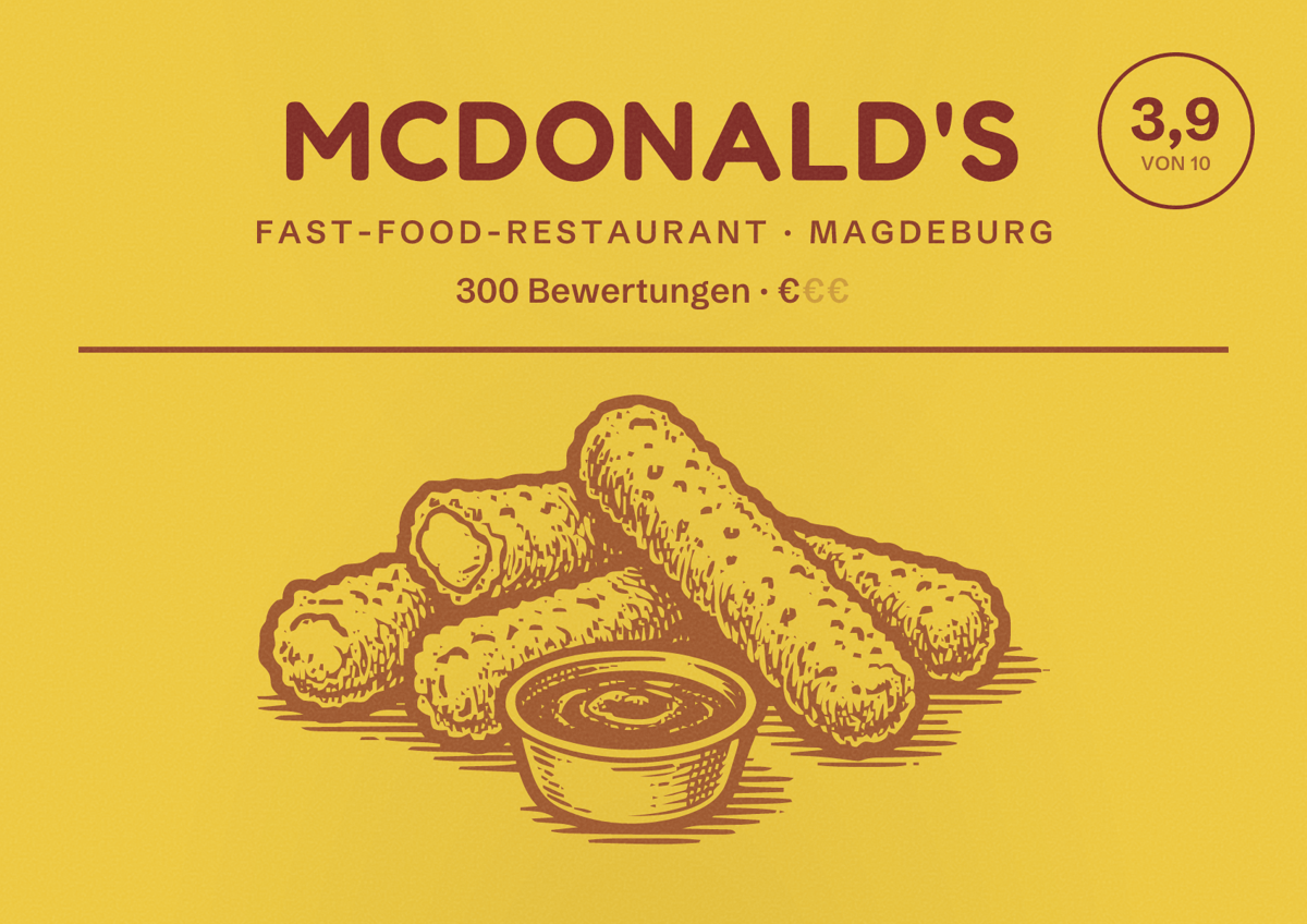 Illustriertes Poster von McDonald's, Fast-Food-Restaurant in Magdeburg: Bewertung 3,9 von 10 aus 300 Bewertungen, Preisniveau €