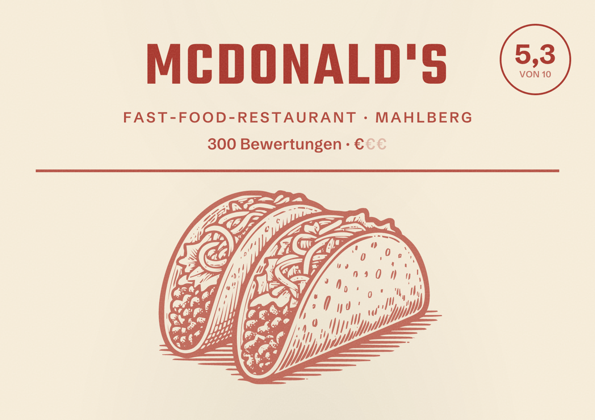 Illustriertes Poster von McDonald's, Fast-Food-Restaurant in Mahlberg: Bewertung 5,3 von 10 aus 300 Bewertungen, Preisniveau €