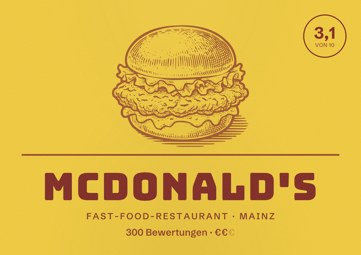 Illustriertes Poster von McDonald's, Fast-Food-Restaurant in Mainz: Bewertung 3,1 von 10 aus 300 Bewertungen, Preisniveau €€