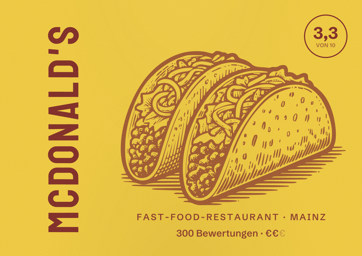 Illustriertes Poster von McDonald's, Fast-Food-Restaurant in Mainz: Bewertung 3,3 von 10 aus 300 Bewertungen, Preisniveau €€