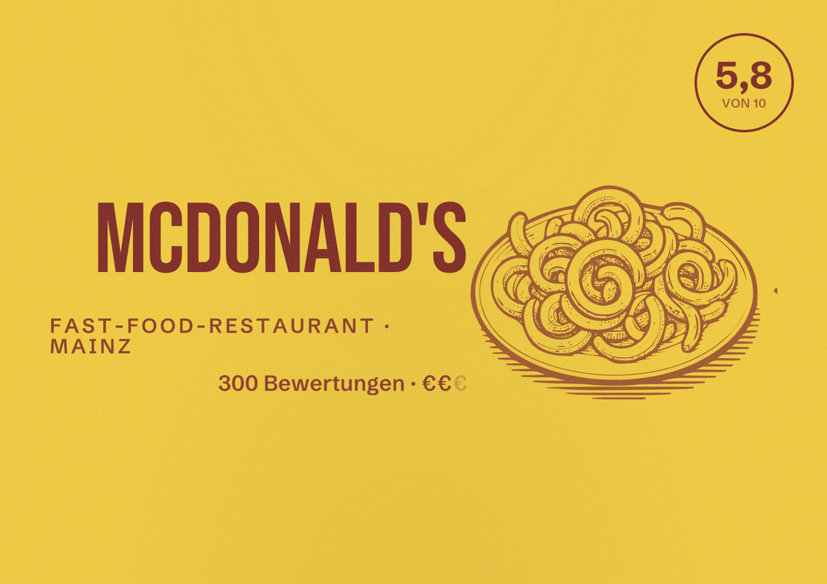 Illustriertes Poster von McDonald's, Fast-Food-Restaurant in Mainz: Bewertung 5,8 von 10 aus 300 Bewertungen, Preisniveau €€