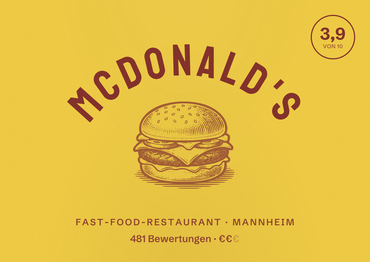 Illustriertes Poster von McDonald's, Fast-Food-Restaurant in Mannheim: Bewertung 3,9 von 10 aus 481 Bewertungen, Preisniveau €€