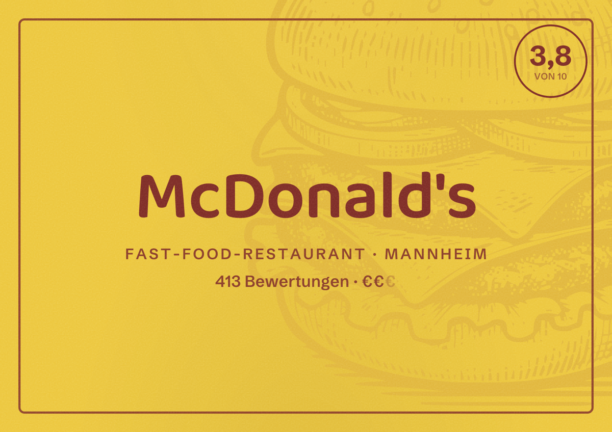 Illustriertes Poster von McDonald's, Fast-Food-Restaurant in Mannheim: Bewertung 3,8 von 10 aus 413 Bewertungen, Preisniveau €€