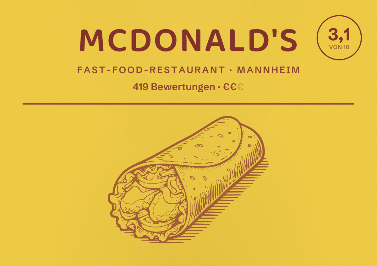 Illustriertes Poster von McDonald's, Fast-Food-Restaurant in Mannheim: Bewertung 3,1 von 10 aus 419 Bewertungen, Preisniveau €€