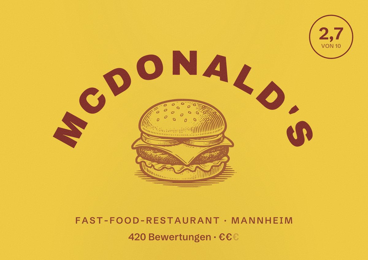 Illustriertes Poster von McDonald's, Fast-Food-Restaurant in Mannheim: Bewertung 2,7 von 10 aus 420 Bewertungen, Preisniveau €€