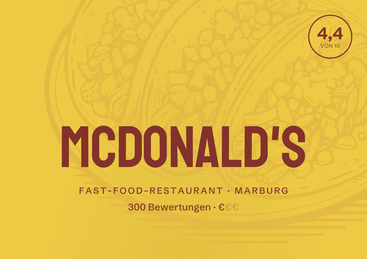 Illustriertes Poster von McDonald's, Fast-Food-Restaurant in Marburg: Bewertung 4,4 von 10 aus 300 Bewertungen, Preisniveau €
