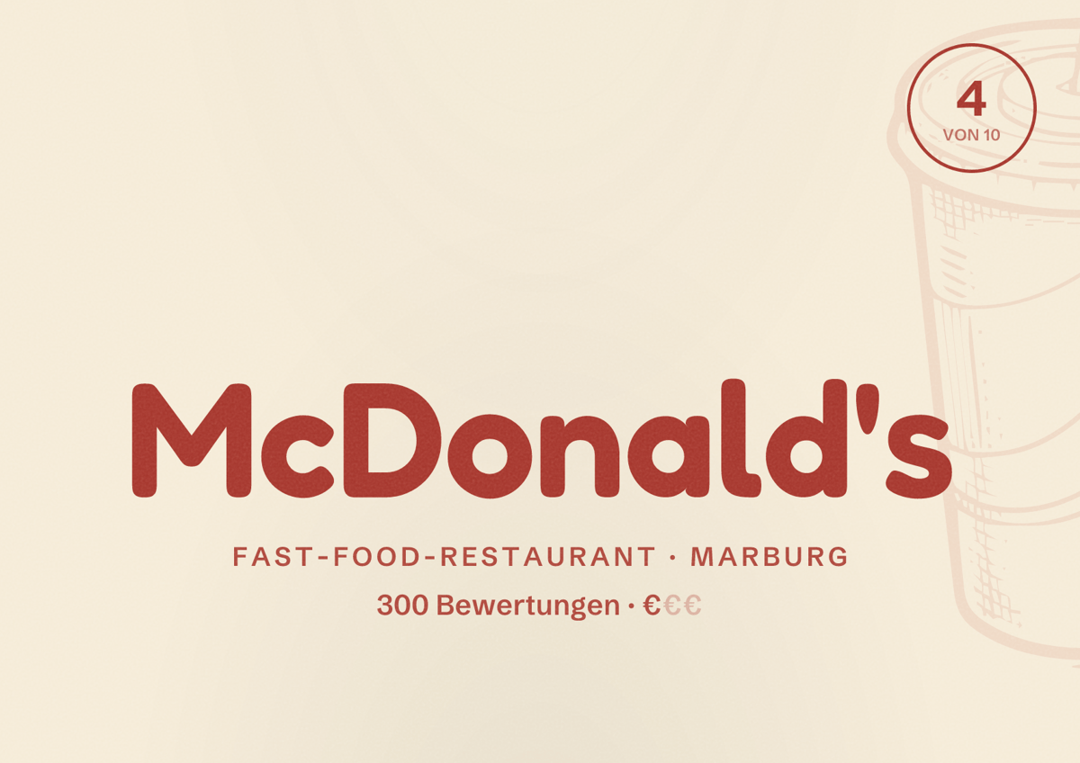 Illustriertes Poster von McDonald's, Fast-Food-Restaurant in Marburg: Bewertung 4 von 10 aus 300 Bewertungen, Preisniveau €