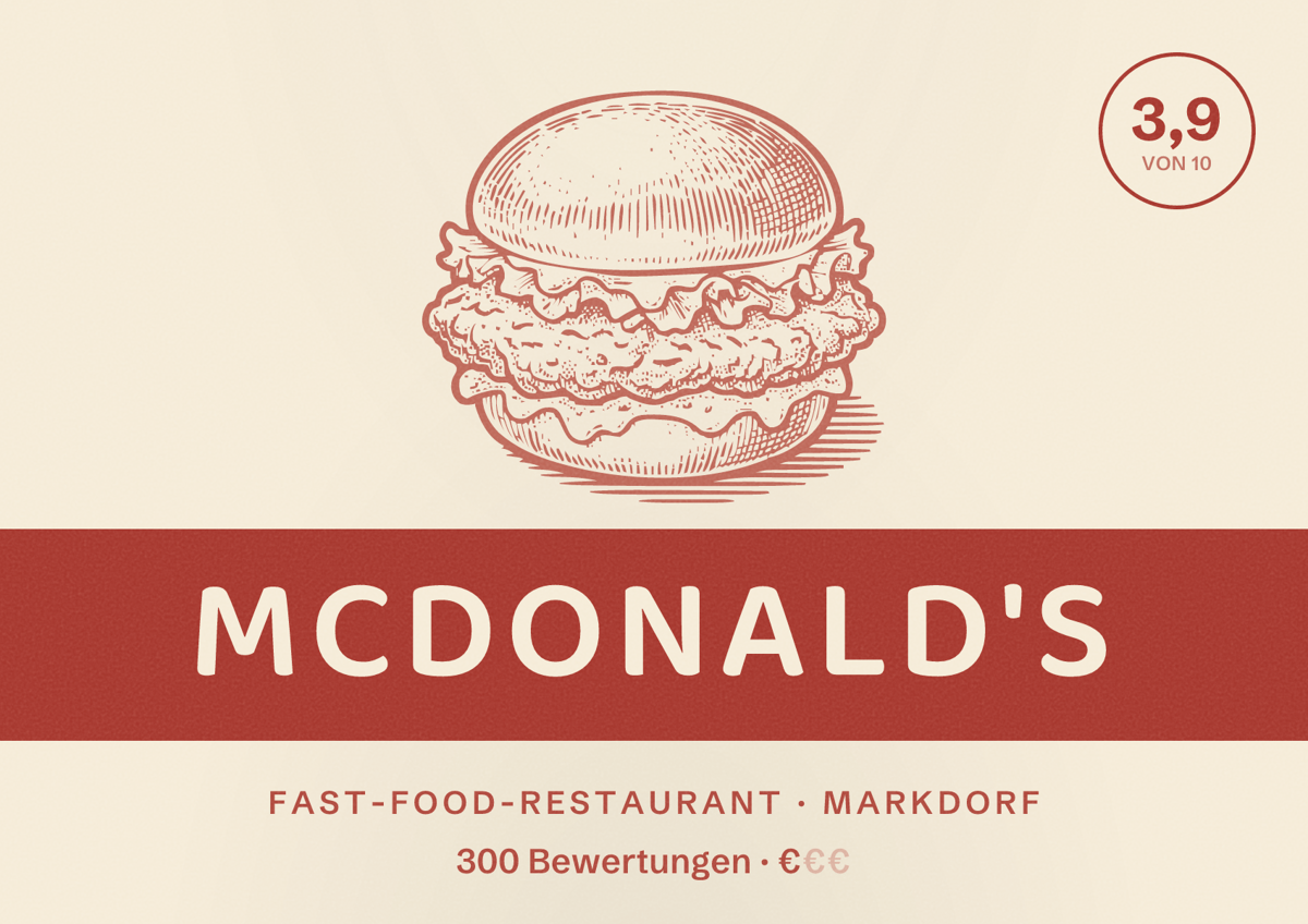Illustriertes Poster von McDonald's, Fast-Food-Restaurant in Markdorf: Bewertung 3,9 von 10 aus 300 Bewertungen, Preisniveau €