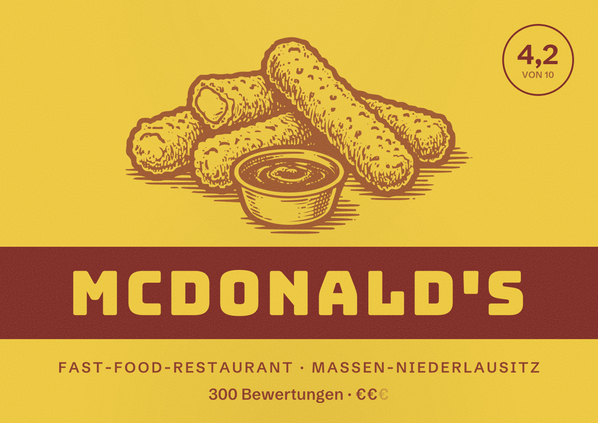 Illustriertes Poster von McDonald's, Fast-Food-Restaurant in Massen-Niederlausitz: Bewertung 4,2 von 10 aus 300 Bewertungen, Preisniveau €€