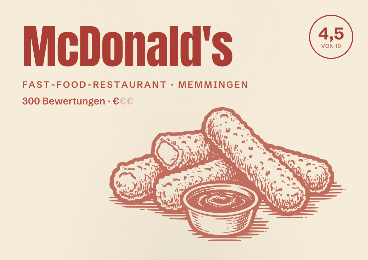 Illustriertes Poster von McDonald's, Fast-Food-Restaurant in Memmingen: Bewertung 4,5 von 10 aus 300 Bewertungen, Preisniveau €