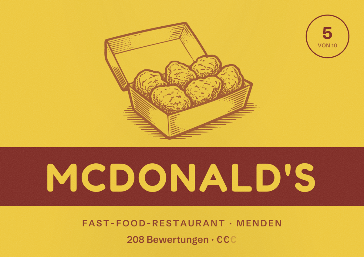 Illustriertes Poster von McDonald's, Fast-Food-Restaurant in Menden: Bewertung 5 von 10 aus 208 Bewertungen, Preisniveau €€