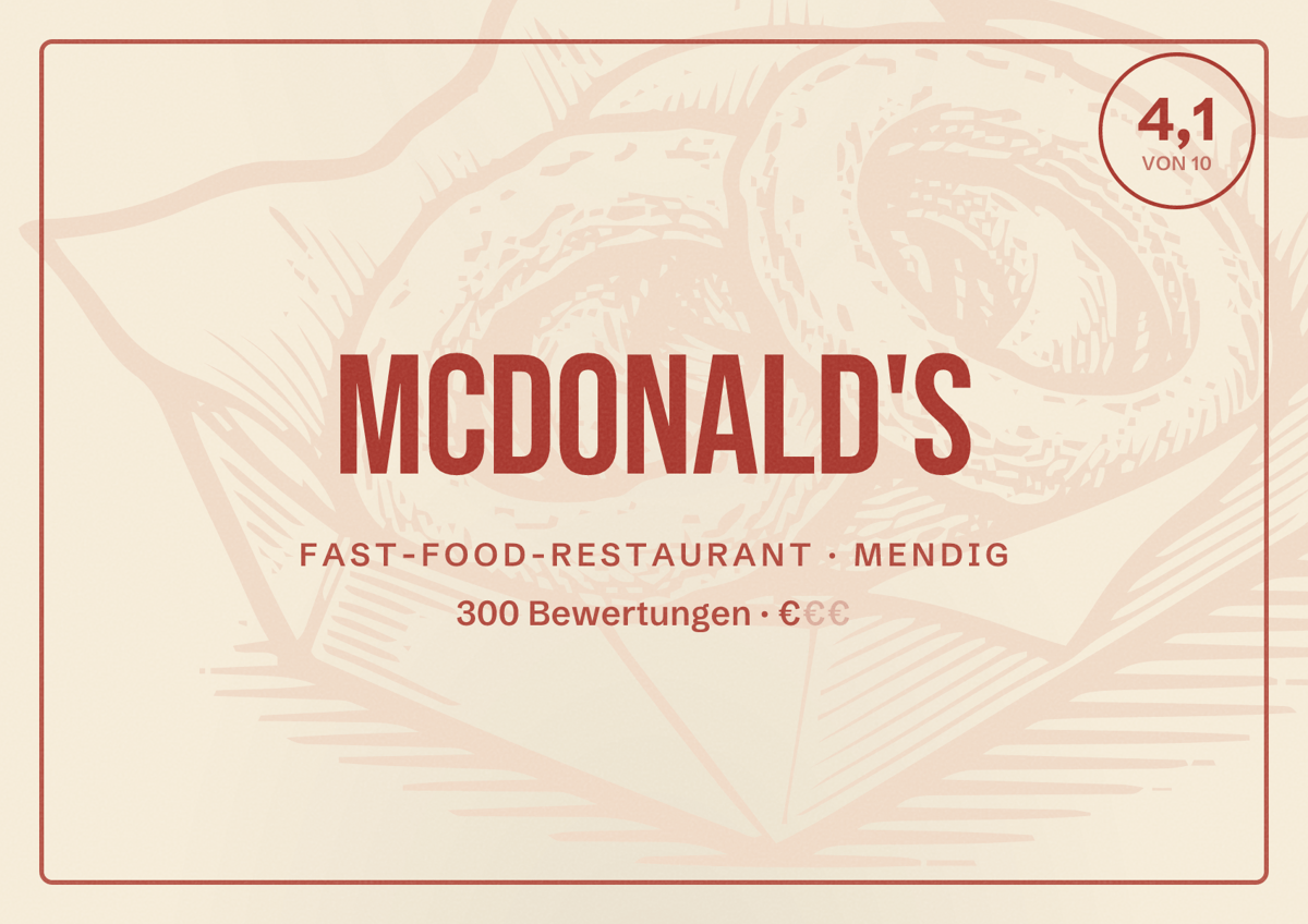 Illustriertes Poster von McDonald's, Fast-Food-Restaurant in Mendig: Bewertung 4,1 von 10 aus 300 Bewertungen, Preisniveau €