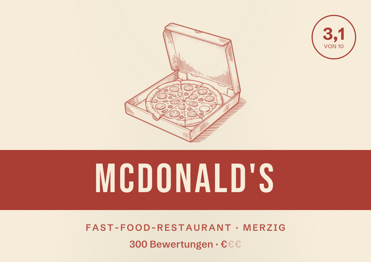 Illustriertes Poster von McDonald's, Fast-Food-Restaurant in Merzig: Bewertung 3,1 von 10 aus 300 Bewertungen, Preisniveau €
