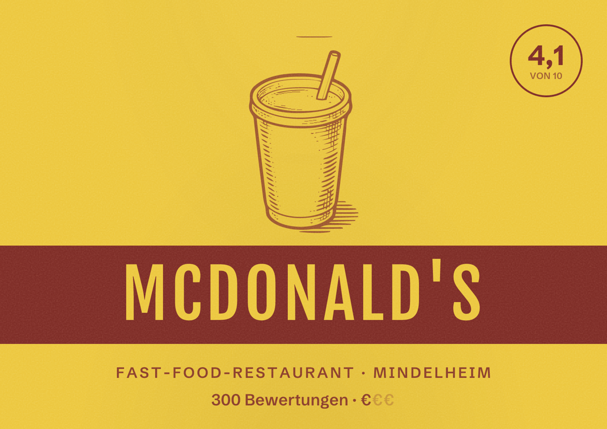 Illustriertes Poster von McDonald's, Fast-Food-Restaurant in Mindelheim: Bewertung 4,1 von 10 aus 300 Bewertungen, Preisniveau €