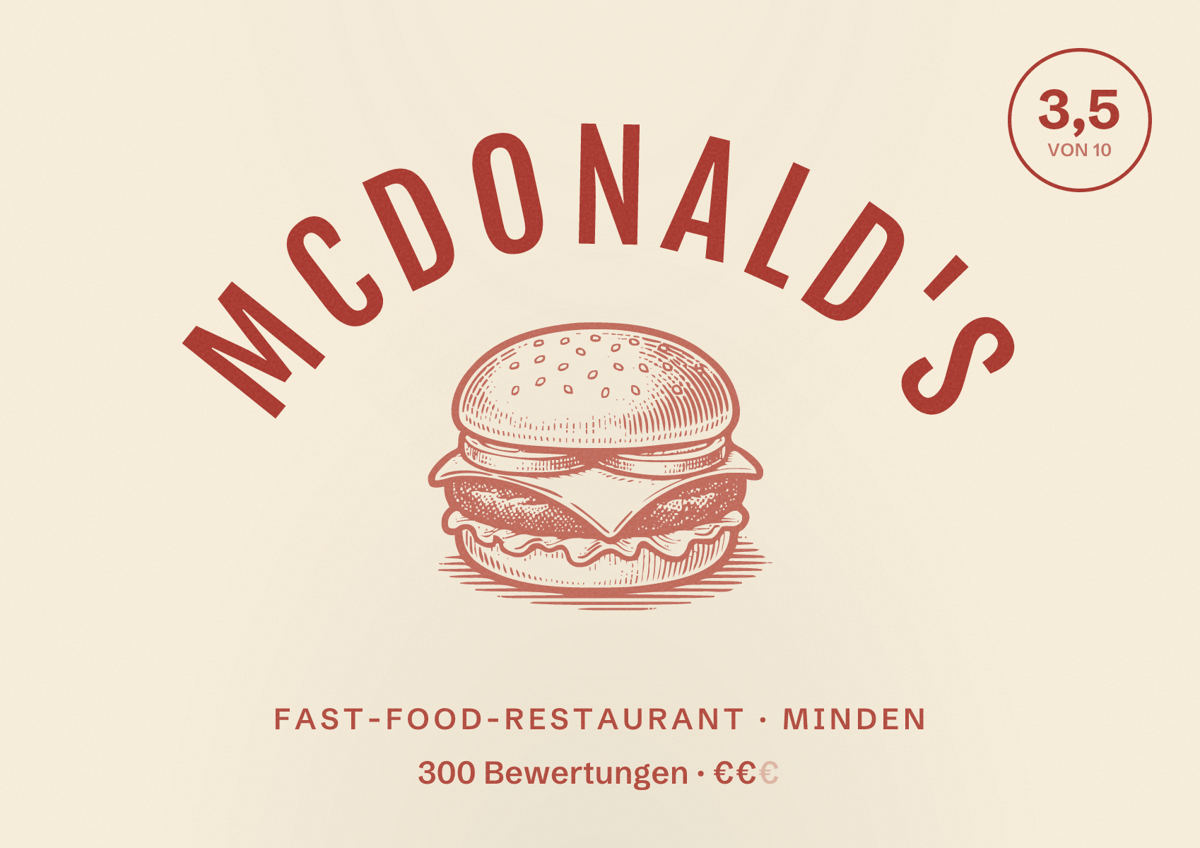 Illustriertes Poster von McDonald's, Fast-Food-Restaurant in Minden: Bewertung 3,5 von 10 aus 300 Bewertungen, Preisniveau €€