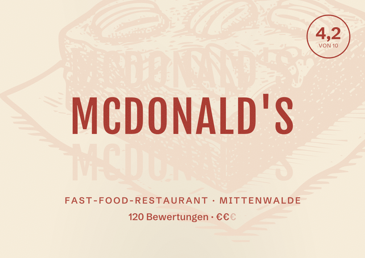 Illustriertes Poster von McDonald's, Fast-Food-Restaurant in Mittenwalde: Bewertung 4,2 von 10 aus 120 Bewertungen, Preisniveau €€