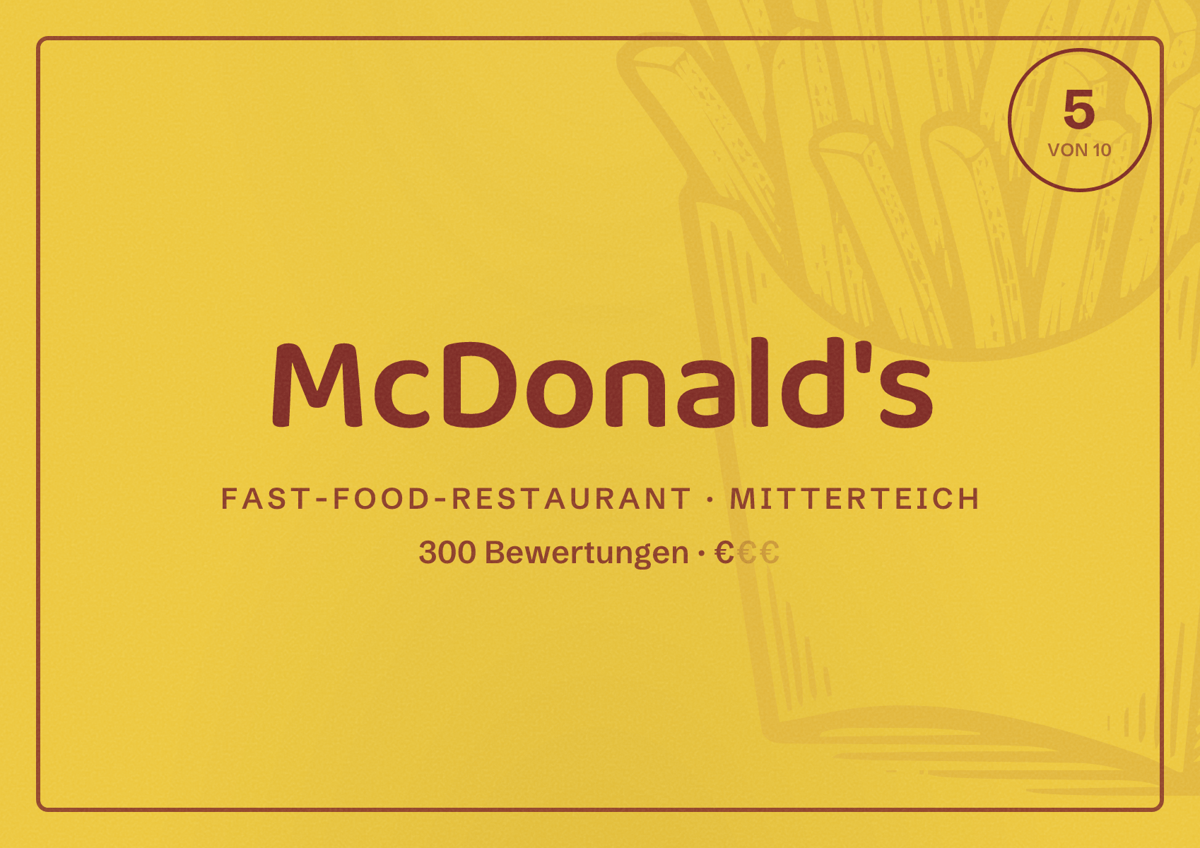 Illustriertes Poster von McDonald's, Fast-Food-Restaurant in Mitterteich: Bewertung 5 von 10 aus 300 Bewertungen, Preisniveau €