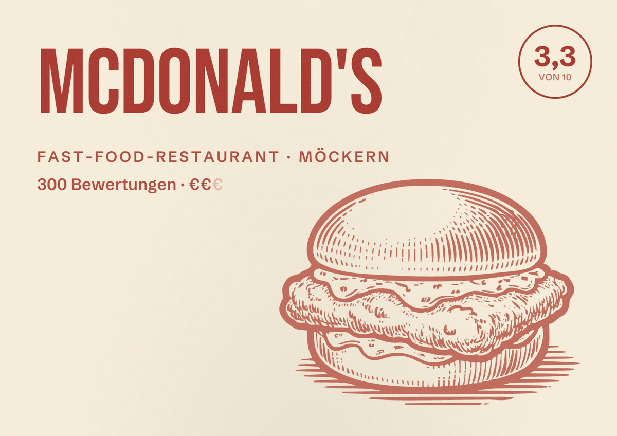 Illustriertes Poster von McDonald's, Fast-Food-Restaurant in Möckern: Bewertung 3,3 von 10 aus 300 Bewertungen, Preisniveau €€