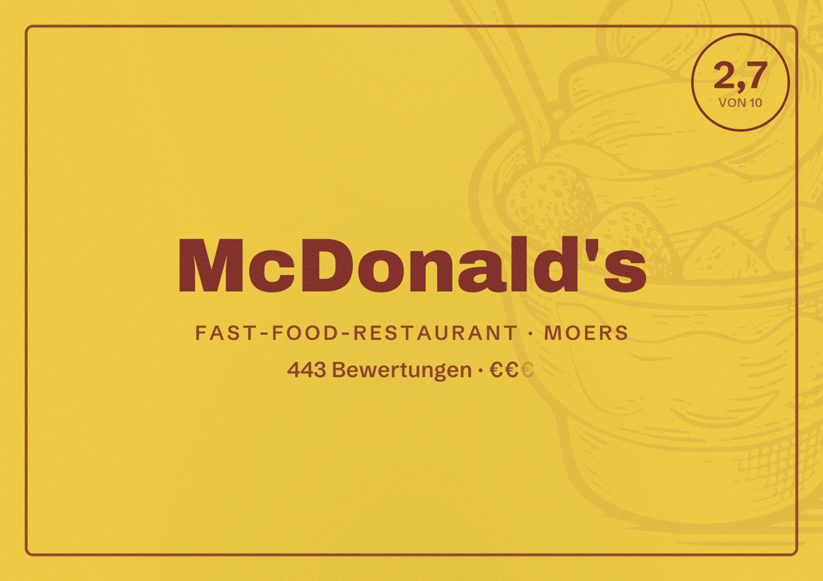 Illustriertes Poster von McDonald's, Fast-Food-Restaurant in Moers: Bewertung 2,7 von 10 aus 443 Bewertungen, Preisniveau €€