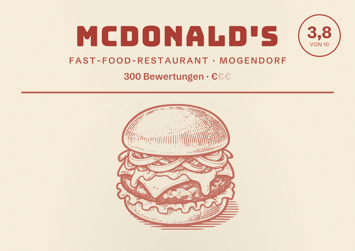 Illustriertes Poster von McDonald's, Fast-Food-Restaurant in Mogendorf: Bewertung 3,8 von 10 aus 300 Bewertungen, Preisniveau €