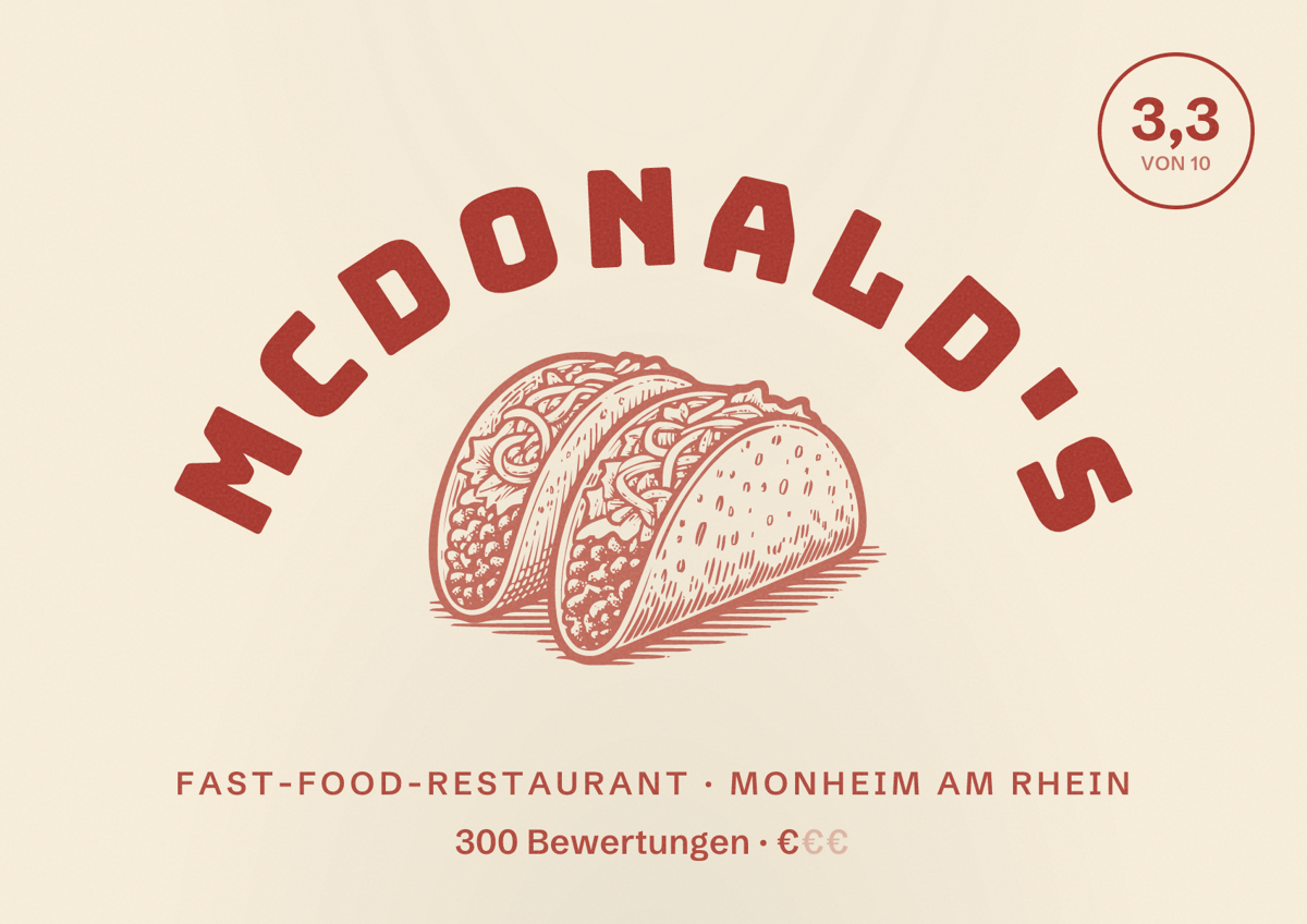 Illustriertes Poster von McDonald's, Fast-Food-Restaurant in Monheim am Rhein: Bewertung 3,3 von 10 aus 300 Bewertungen, Preisniveau €