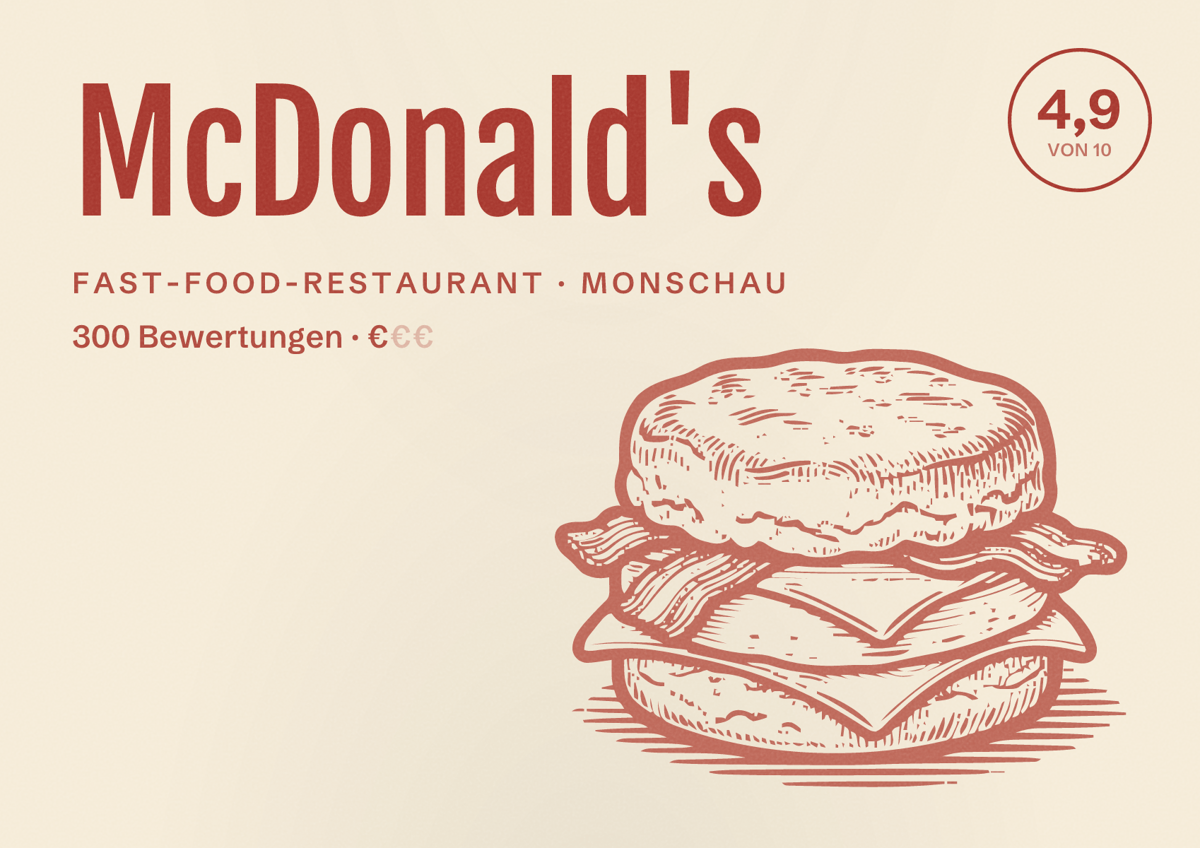 Illustriertes Poster von McDonald's, Fast-Food-Restaurant in Monschau: Bewertung 4,9 von 10 aus 300 Bewertungen, Preisniveau €