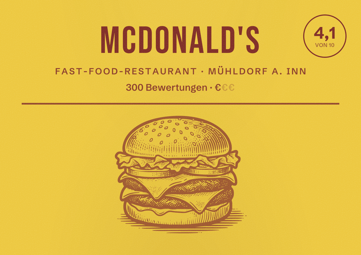 Illustriertes Poster von McDonald's, Fast-Food-Restaurant in Mühldorf a. Inn: Bewertung 4,1 von 10 aus 300 Bewertungen, Preisniveau €