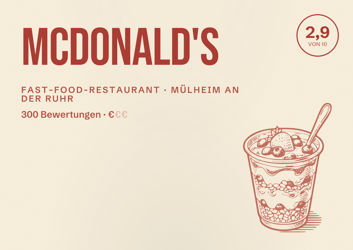 Illustriertes Poster von McDonald's, Fast-Food-Restaurant in Mülheim an der Ruhr: Bewertung 2,9 von 10 aus 300 Bewertungen, Preisniveau €