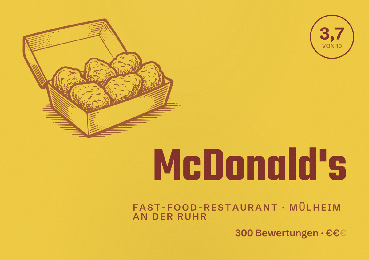 Illustriertes Poster von McDonald's, Fast-Food-Restaurant in Mülheim an der Ruhr: Bewertung 3,7 von 10 aus 300 Bewertungen, Preisniveau €€