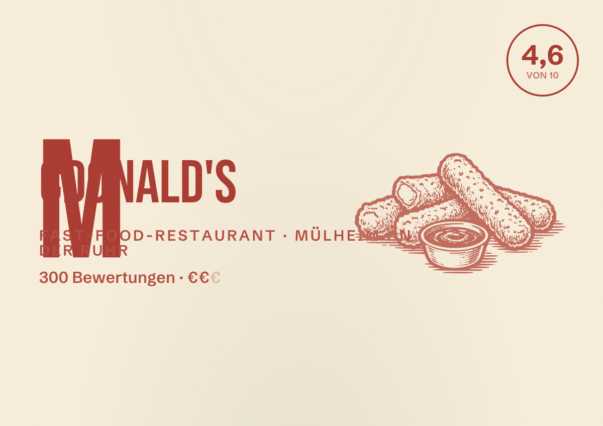 Illustriertes Poster von McDonald's, Fast-Food-Restaurant in Mülheim an der Ruhr: Bewertung 4,6 von 10 aus 300 Bewertungen, Preisniveau €€