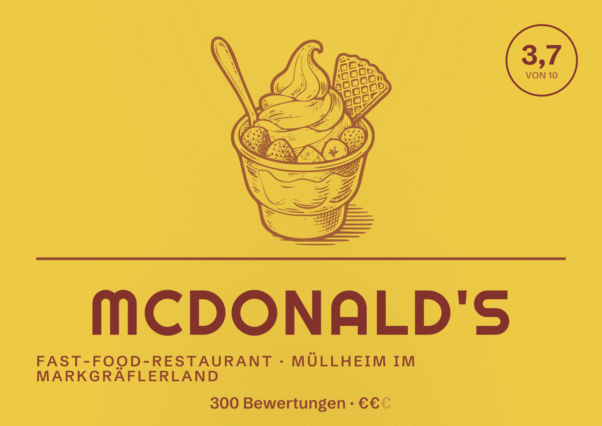 Illustriertes Poster von McDonald's, Fast-Food-Restaurant in Müllheim im Markgräflerland: Bewertung 3,7 von 10 aus 300 Bewertungen, Preisniveau €€