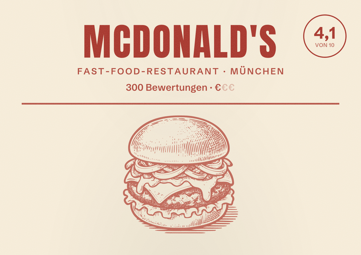 Illustriertes Poster von McDonald's, Fast-Food-Restaurant in München: Bewertung 4,1 von 10 aus 300 Bewertungen, Preisniveau €