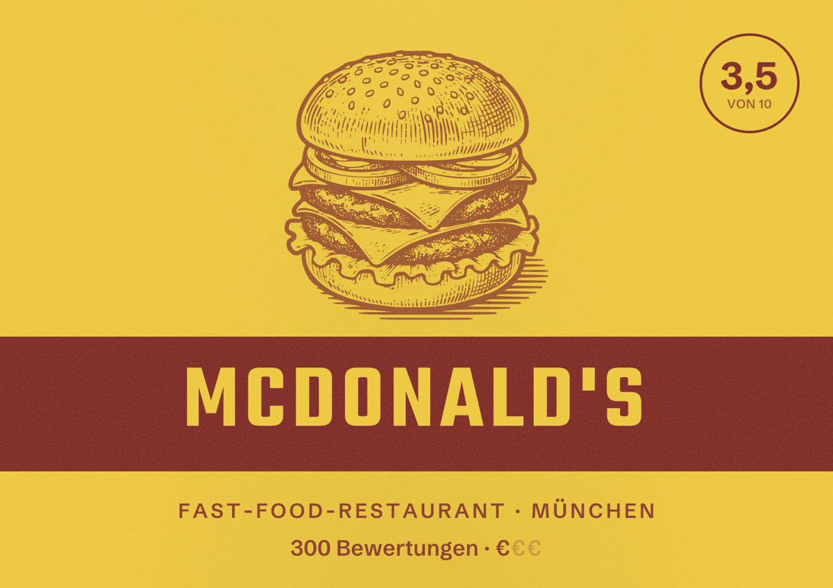 Illustriertes Poster von McDonald's, Fast-Food-Restaurant in München: Bewertung 3,5 von 10 aus 300 Bewertungen, Preisniveau €