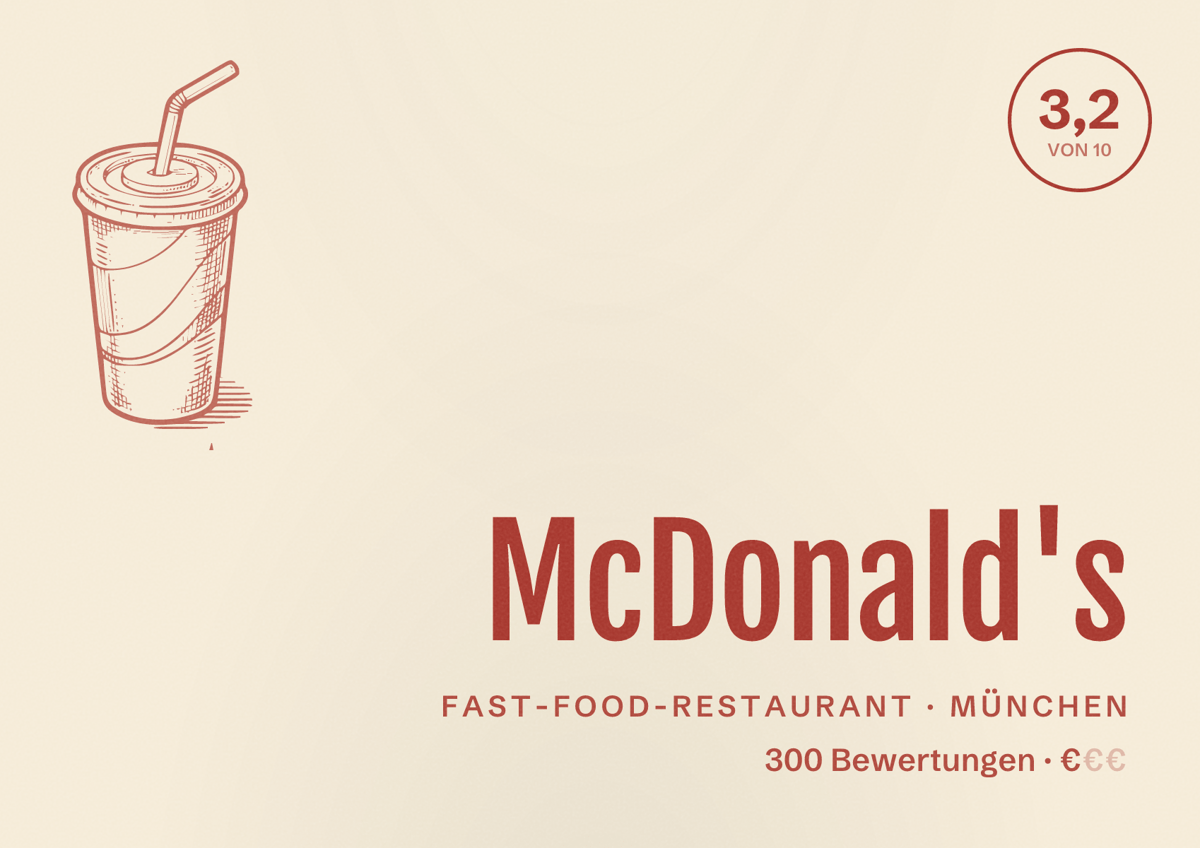 Illustriertes Poster von McDonald's, Fast-Food-Restaurant in München: Bewertung 3,2 von 10 aus 300 Bewertungen, Preisniveau €