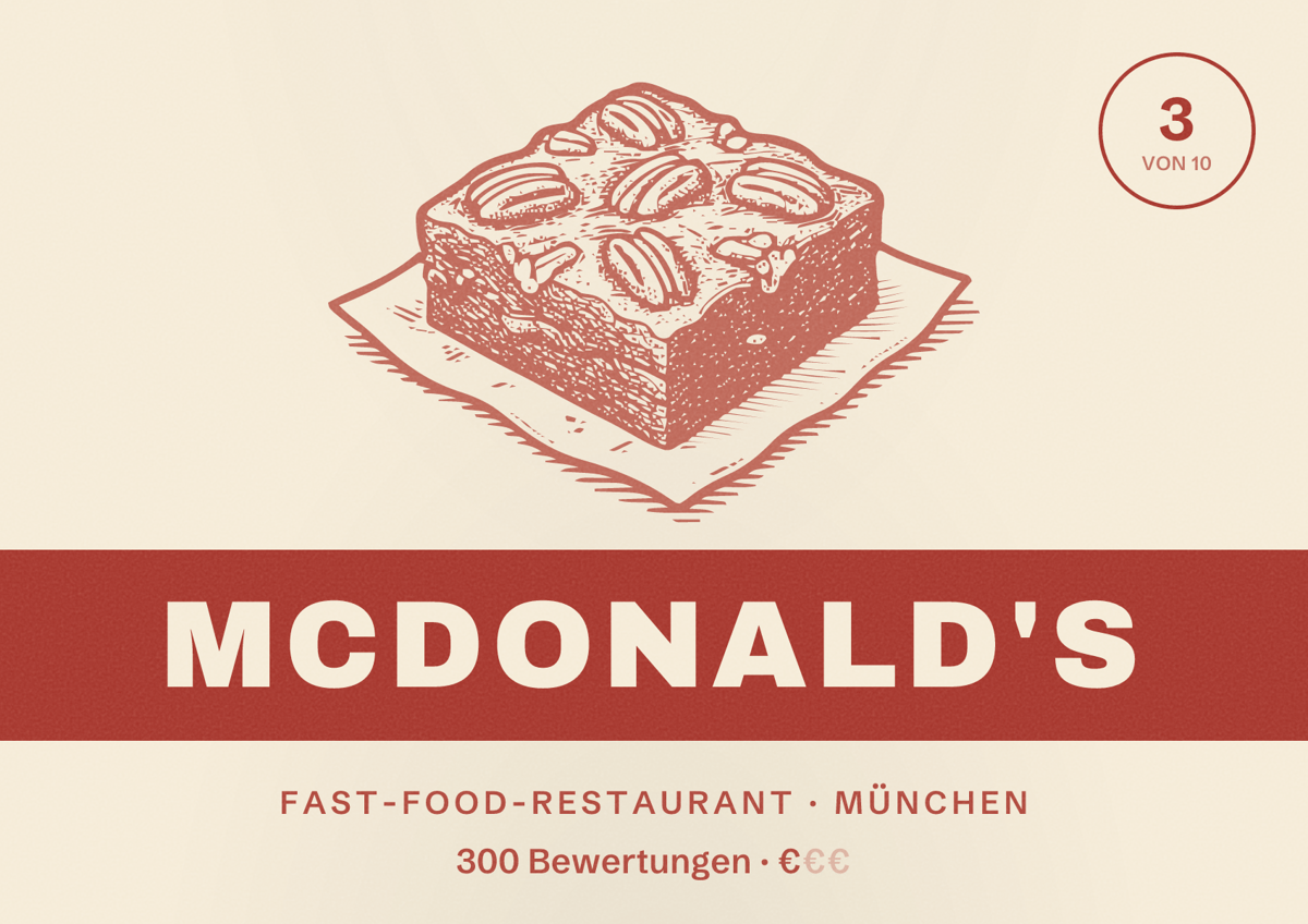 Illustriertes Poster von McDonald's, Fast-Food-Restaurant in München: Bewertung 3,0 von 10 aus 300 Bewertungen, Preisniveau €
