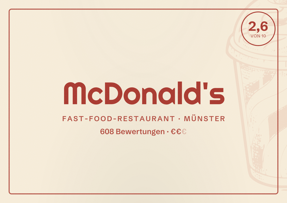 Illustriertes Poster von McDonald's, Fast-Food-Restaurant in Münster: Bewertung 2,6 von 10 aus 608 Bewertungen, Preisniveau €€