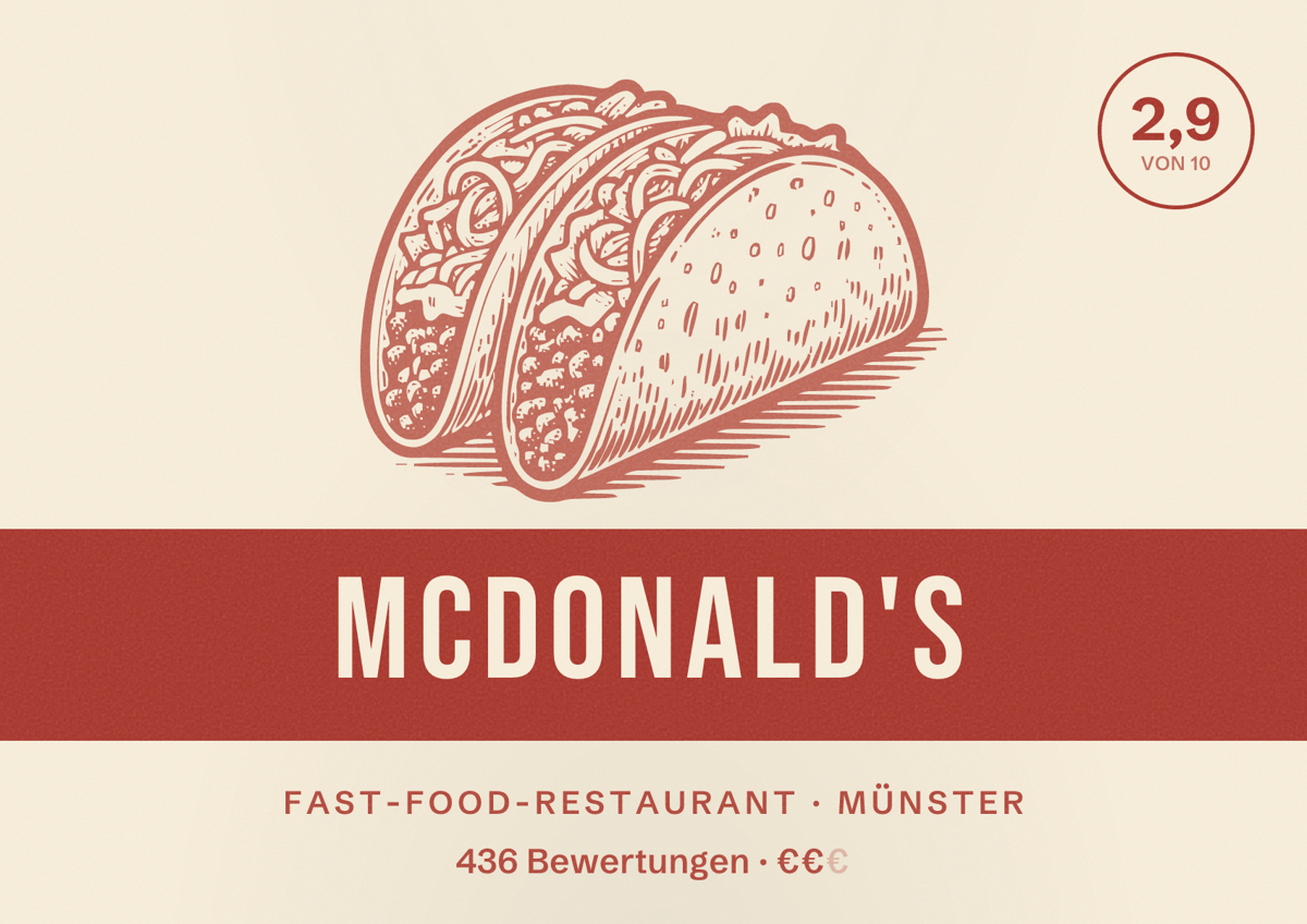 Illustriertes Poster von McDonald's, Fast-Food-Restaurant in Münster: Bewertung 2,9 von 10 aus 436 Bewertungen, Preisniveau €€