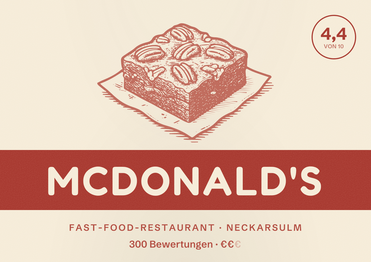 Illustriertes Poster von McDonald's, Fast-Food-Restaurant in Neckarsulm: Bewertung 4,4 von 10 aus 300 Bewertungen, Preisniveau €€