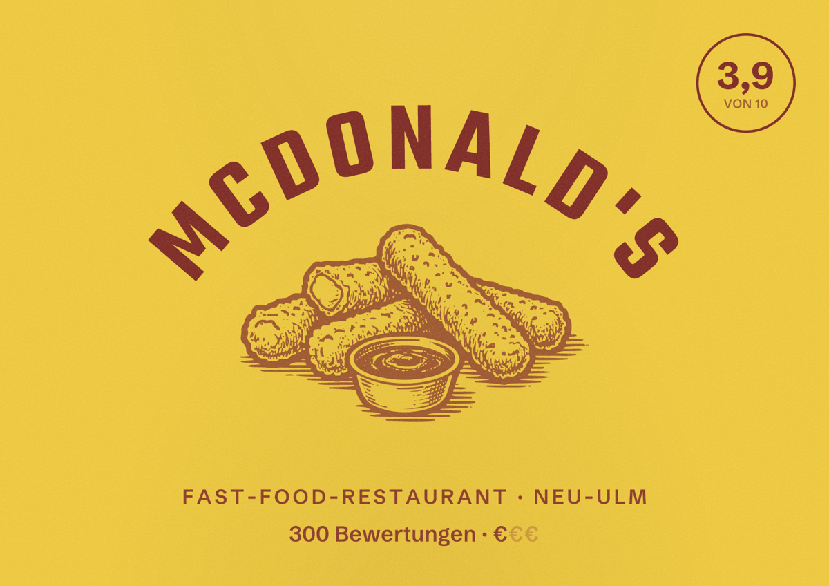 Illustriertes Poster von McDonald's, Fast-Food-Restaurant in Neu-Ulm: Bewertung 3,9 von 10 aus 300 Bewertungen, Preisniveau €