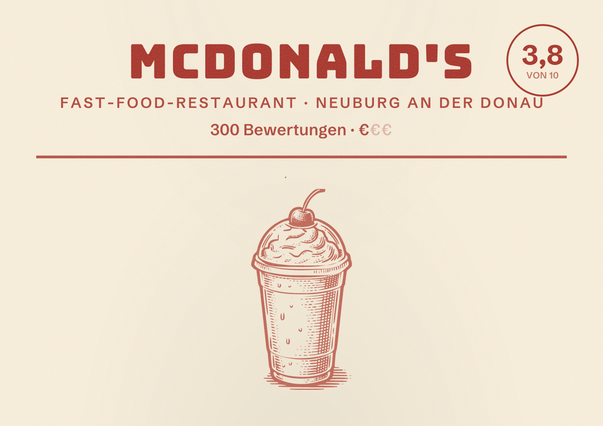Illustriertes Poster von McDonald's, Fast-Food-Restaurant in Neuburg an der Donau: Bewertung 3,8 von 10 aus 300 Bewertungen, Preisniveau €