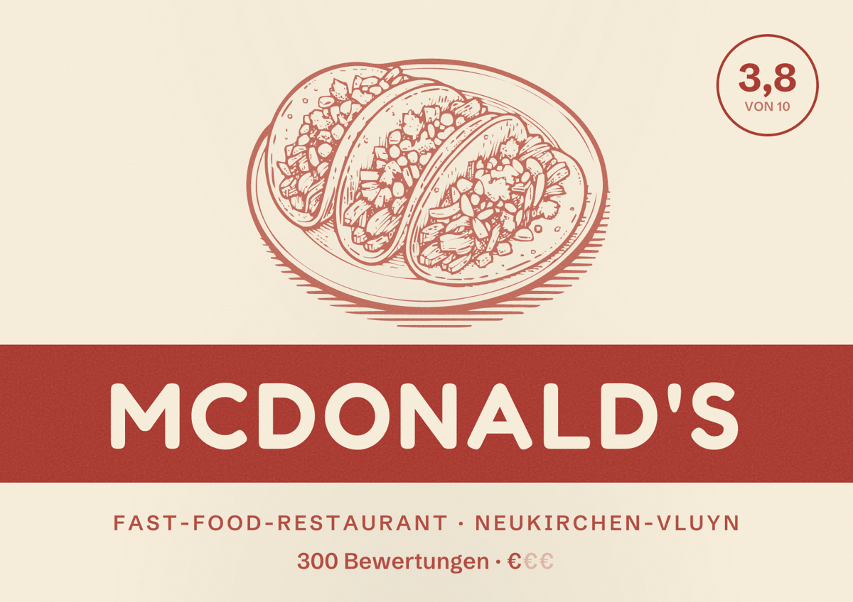 Illustriertes Poster von McDonald's, Fast-Food-Restaurant in Neukirchen-Vluyn: Bewertung 3,8 von 10 aus 300 Bewertungen, Preisniveau €