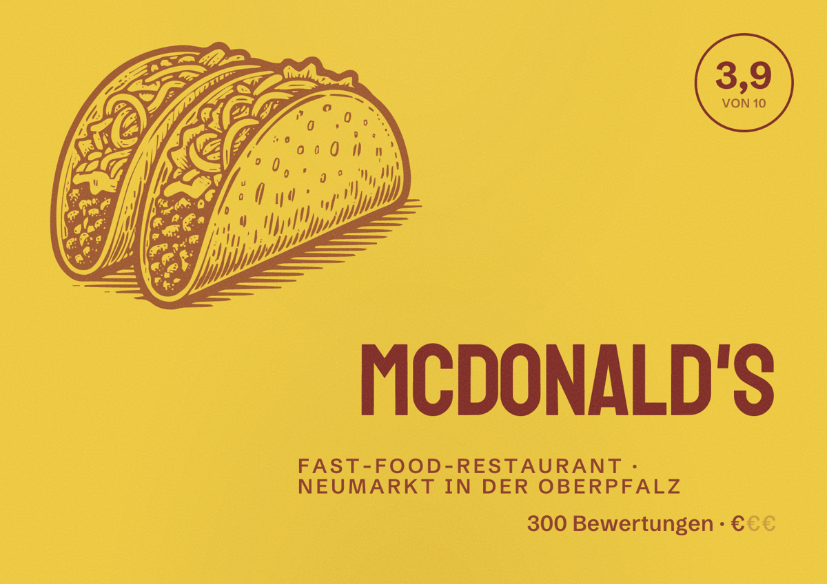 Illustriertes Poster von McDonald's, Fast-Food-Restaurant in Neumarkt in der Oberpfalz: Bewertung 3,9 von 10 aus 300 Bewertungen, Preisniveau €