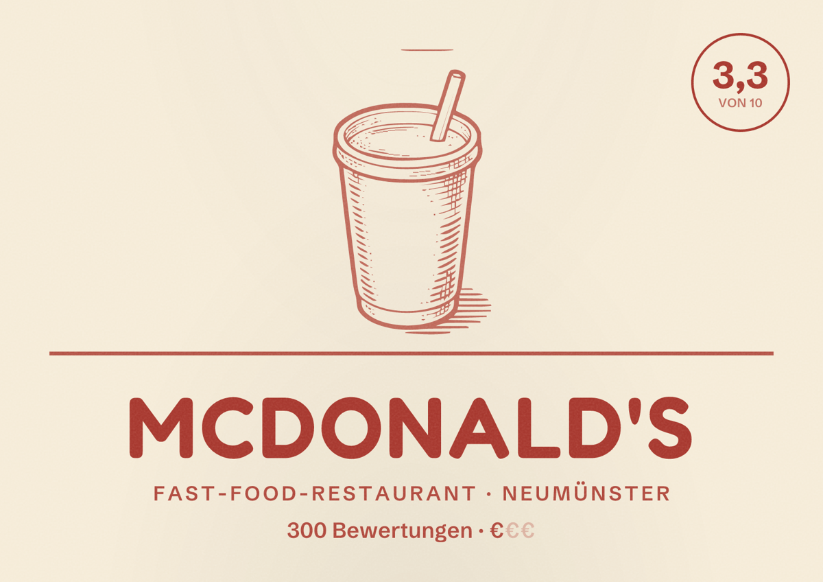 Illustriertes Poster von McDonald's, Fast-Food-Restaurant in Neumünster: Bewertung 3,3 von 10 aus 300 Bewertungen, Preisniveau €