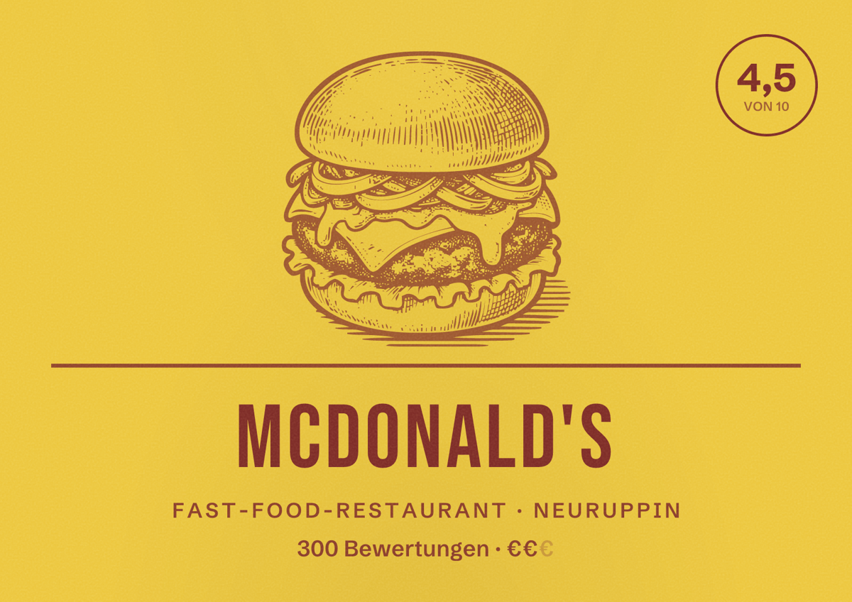 Illustriertes Poster von McDonald's, Fast-Food-Restaurant in Neuruppin: Bewertung 4,5 von 10 aus 300 Bewertungen, Preisniveau €€