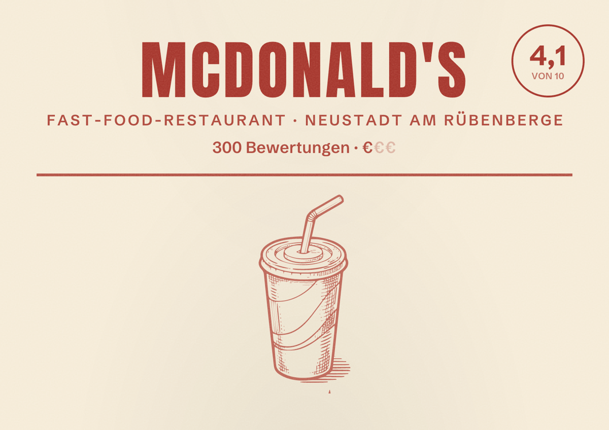Illustriertes Poster von McDonald's, Fast-Food-Restaurant in Neustadt am Rübenberge: Bewertung 4,1 von 10 aus 300 Bewertungen, Preisniveau €