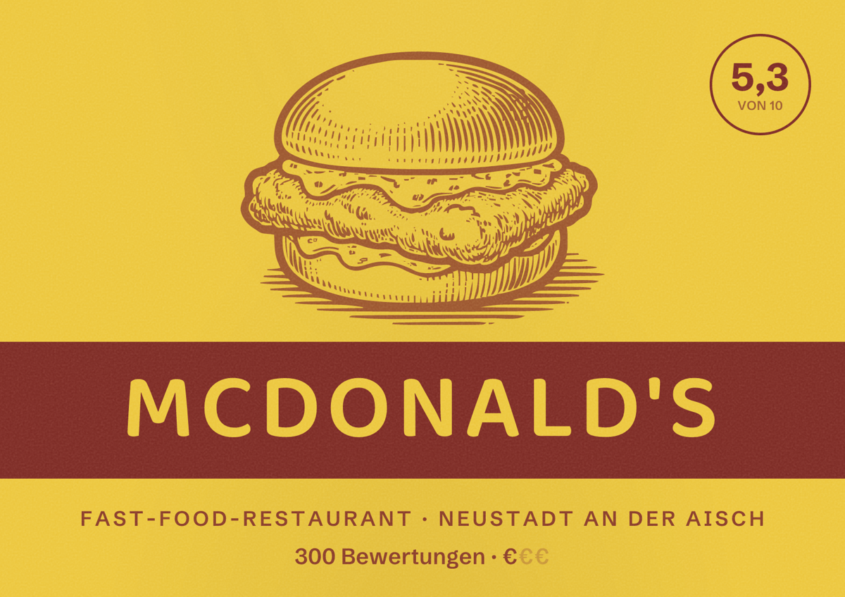 Illustriertes Poster von McDonald's, Fast-Food-Restaurant in Neustadt an der Aisch: Bewertung 5,3 von 10 aus 300 Bewertungen, Preisniveau €